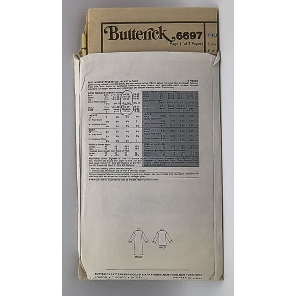 Butterick 6697 Reversible Jacket & Coat Sewing Pattern Size 12-14 Misses - Picture 3 of 3